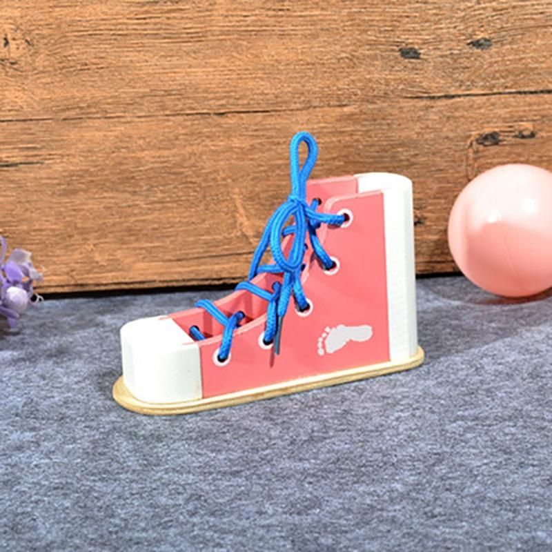 Tie Shoelaces Threading Kid Handicraft Educational Wooden Toy Wood for 3 4 6 10 Year Old Boy Girl -Blue