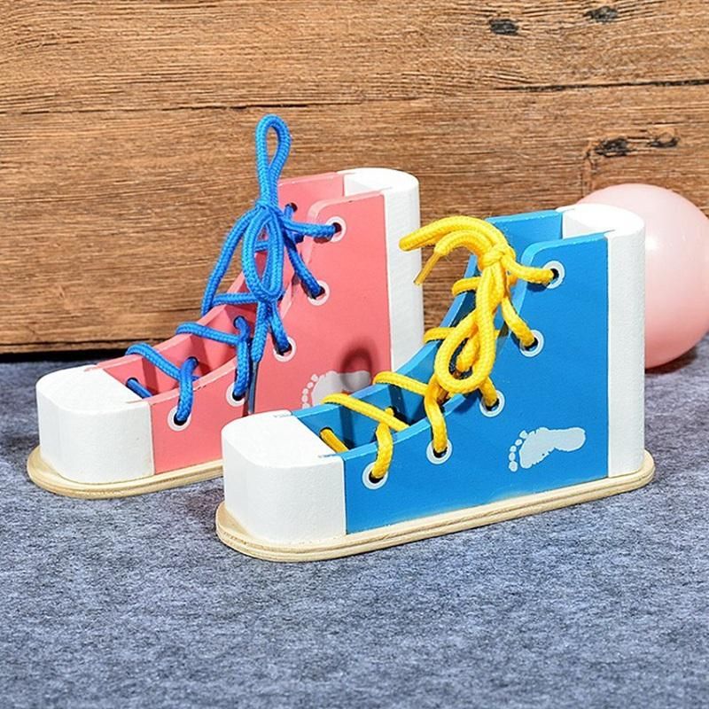 Tie Shoelaces Threading Kid Handicraft Educational Wooden Toy Wood for 3 4 6 10 Year Old Boy Girl -Blue