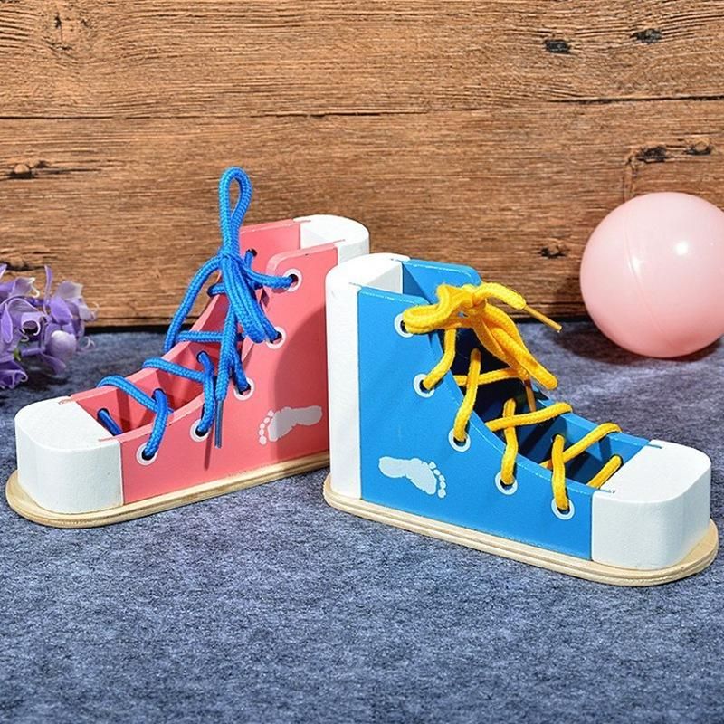 Tie Shoelaces Threading Kid Handicraft Educational Wooden Toy Wood for 3 4 6 10 Year Old Boy Girl -Blue
