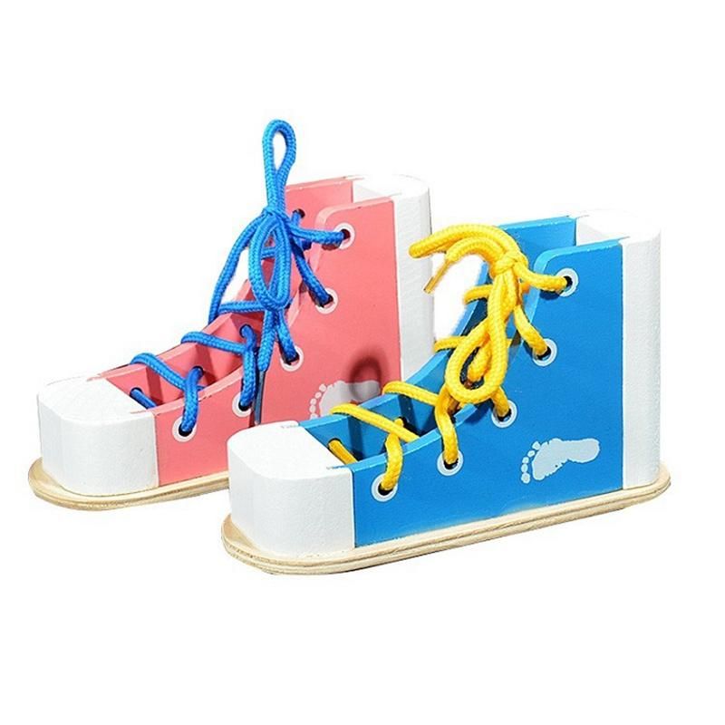 Tie Shoelaces Threading Kid Handicraft Educational Wooden Toy Wood for 3 4 6 10 Year Old Boy Girl -Blue