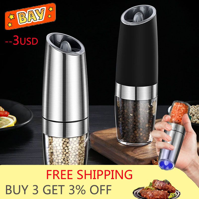 （black）Stainless Steel Electric Black Pepper Mill Automatic Gravity Salt And Pepper Grinder Shaker Kitchen Weed Spice Grinder Tools GRE
