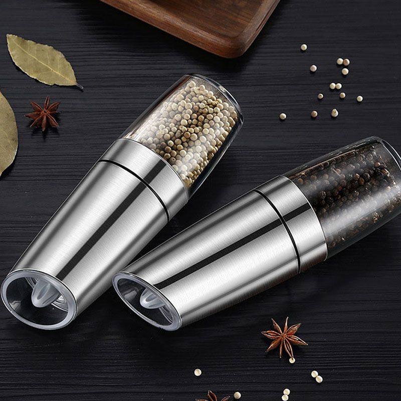 （black）Stainless Steel Electric Black Pepper Mill Automatic Gravity Salt And Pepper Grinder Shaker Kitchen Weed Spice Grinder Tools GRE