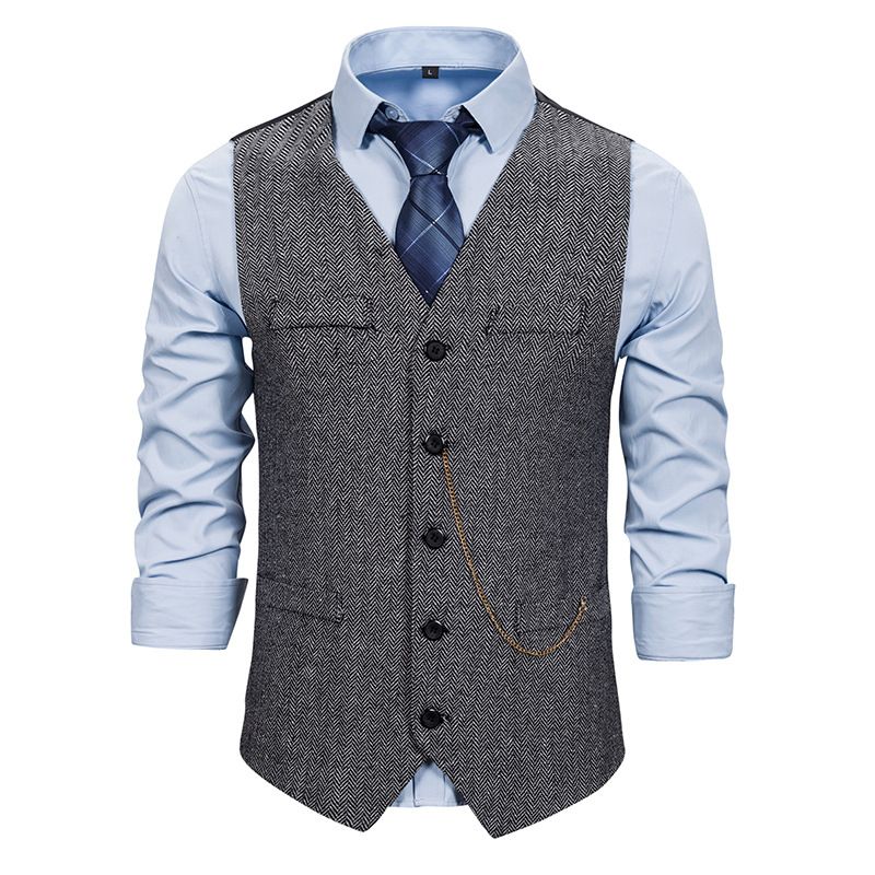 Suit Vest Mens Single Breasted Formal Dress Vest Wool Herringbone Tweed Waistcoat Vest Male Business Wedding Prom Vests Black