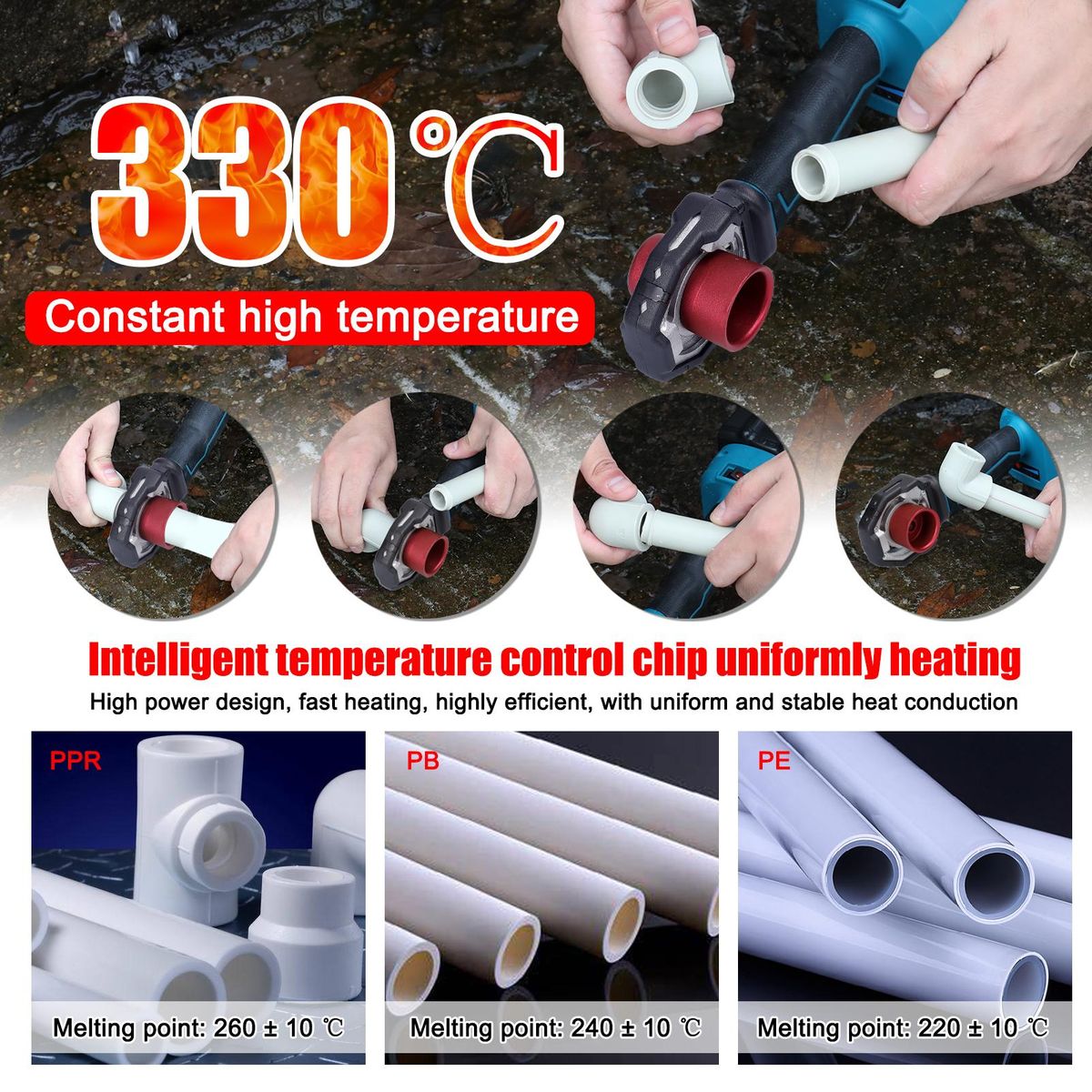 Lithium Power Electric Water Pipes Melting Device Household PPR Welding Machine with 20mm 25mm 30mm Replacement Heads