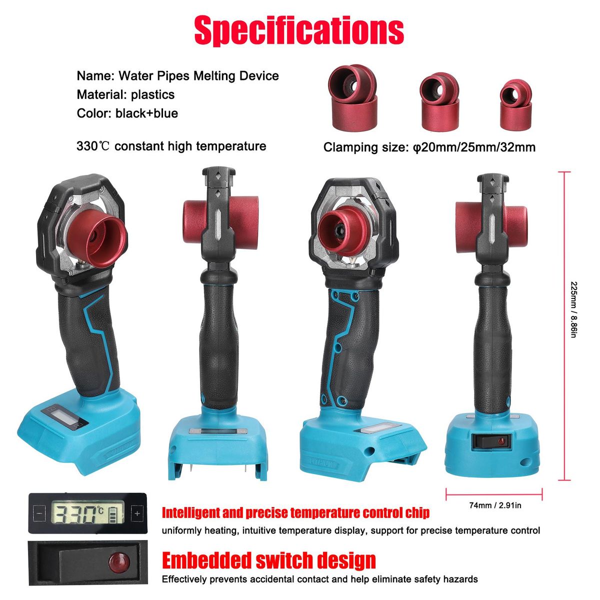 Lithium Power Electric Water Pipes Melting Device Household PPR Welding Machine with 20mm 25mm 30mm Replacement Heads