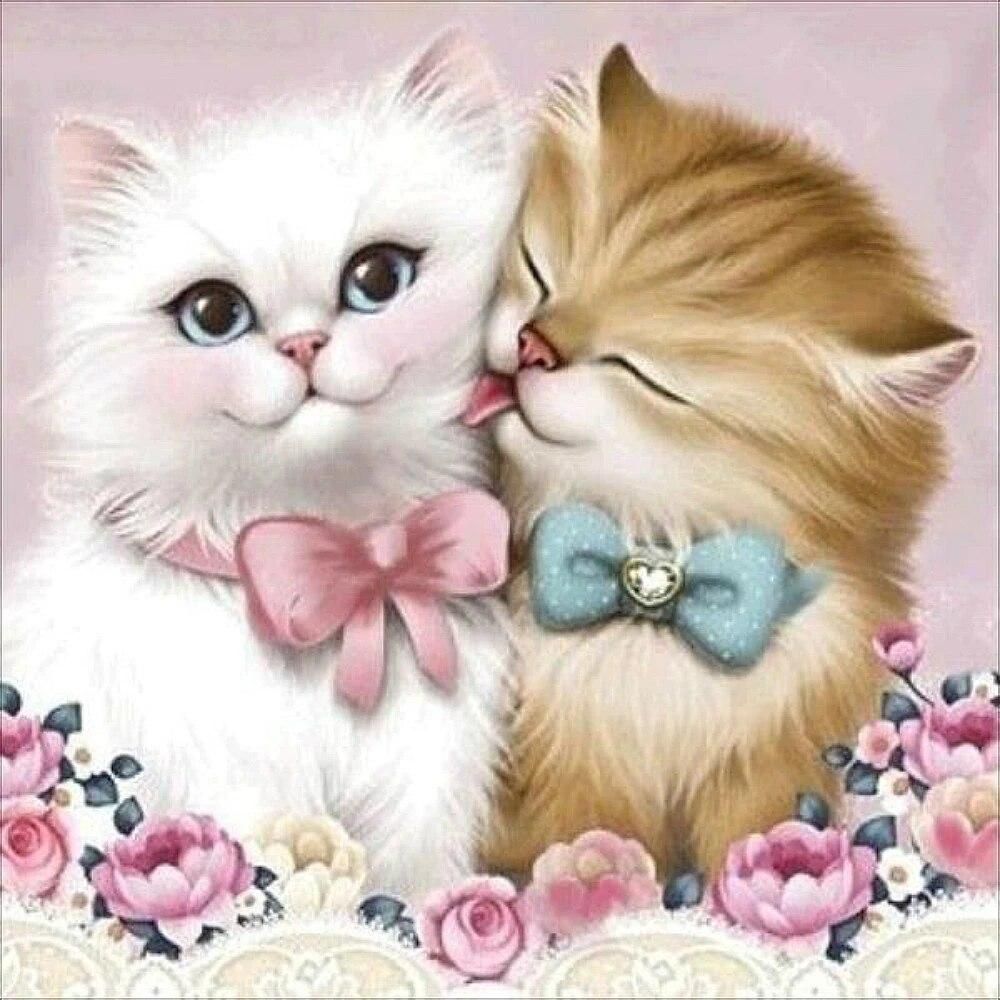 5D Diy Diamond Painting Cross Stitch Couple Cat Diamond Painting Round Rhinestones Mosaic Embroidery Animals