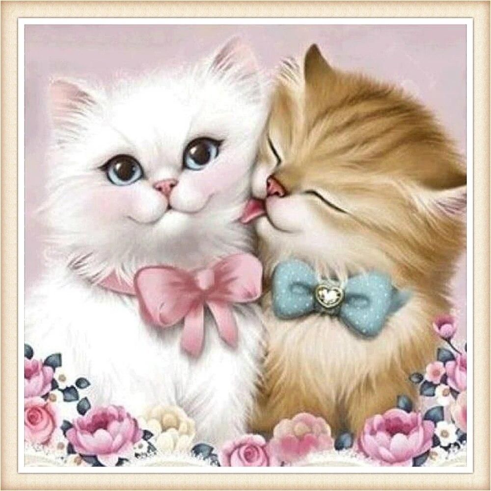5D Diy Diamond Painting Cross Stitch Couple Cat Diamond Painting Round Rhinestones Mosaic Embroidery Animals