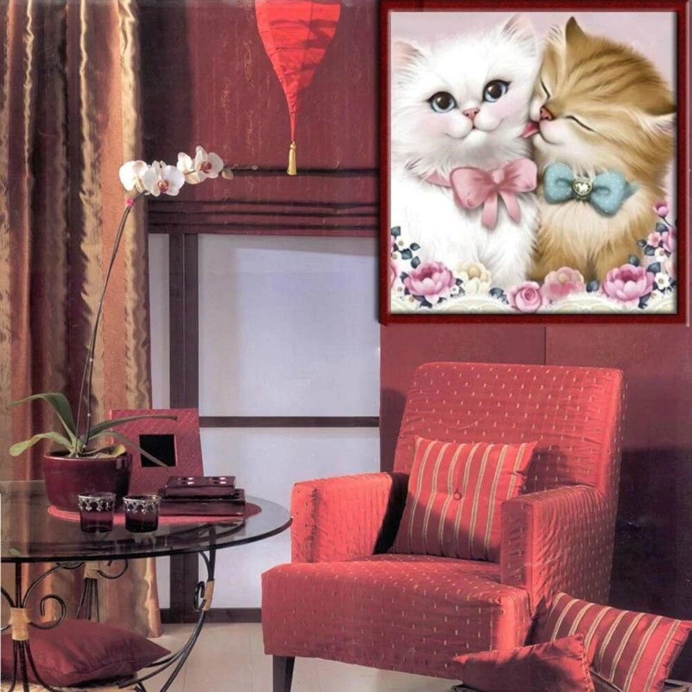 5D Diy Diamond Painting Cross Stitch Couple Cat Diamond Painting Round Rhinestones Mosaic Embroidery Animals