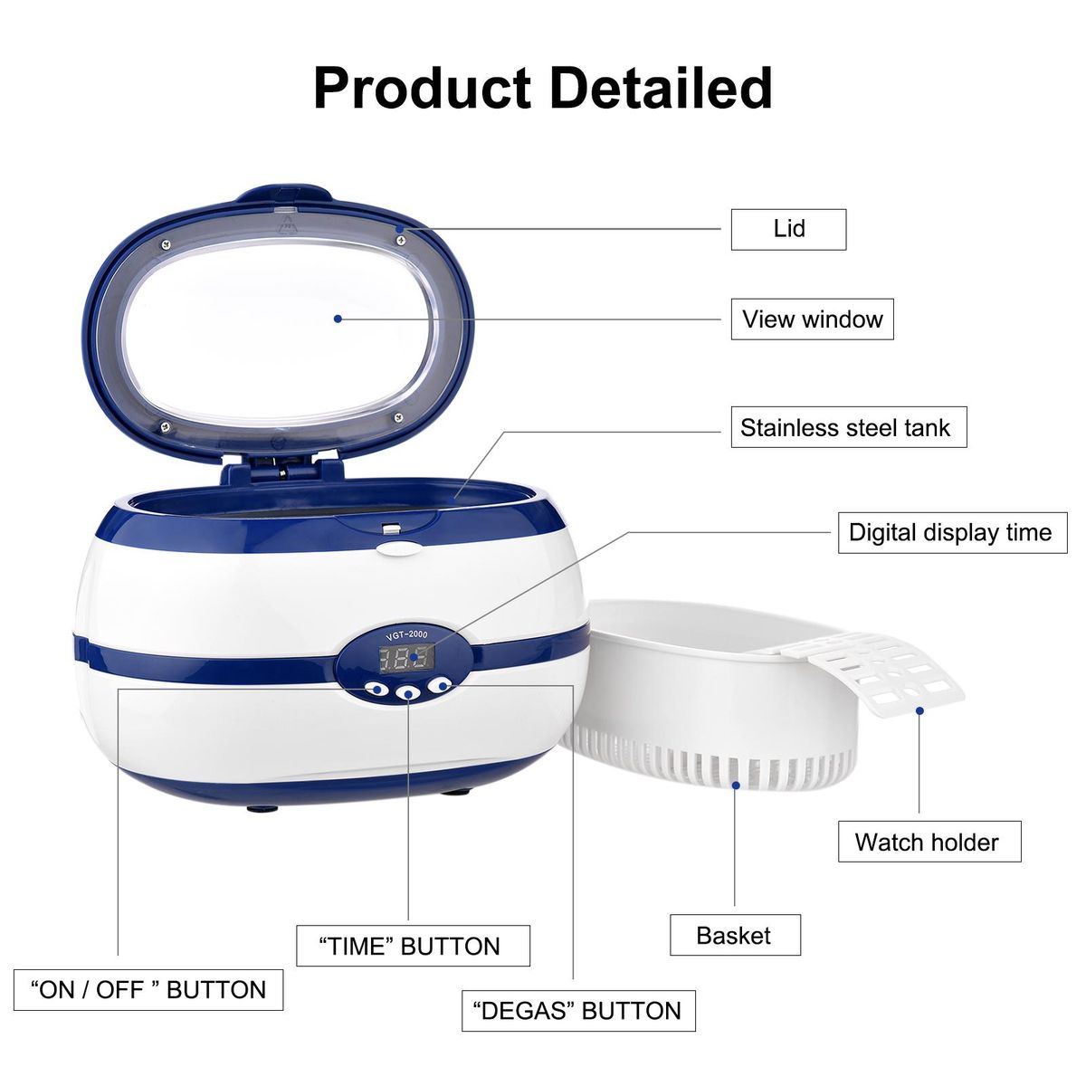 A C220-240V J-ewelry Cleaner Portable Cleaning Machine 40KHZ with Visible Window Design/ LEDs Screen Display/ 90S&180S&280S&380S&480S Timer/ 300S Auto-shutdown Design/ Cleaning Basket Provided Portable for Rings/ Necklaces/ C
