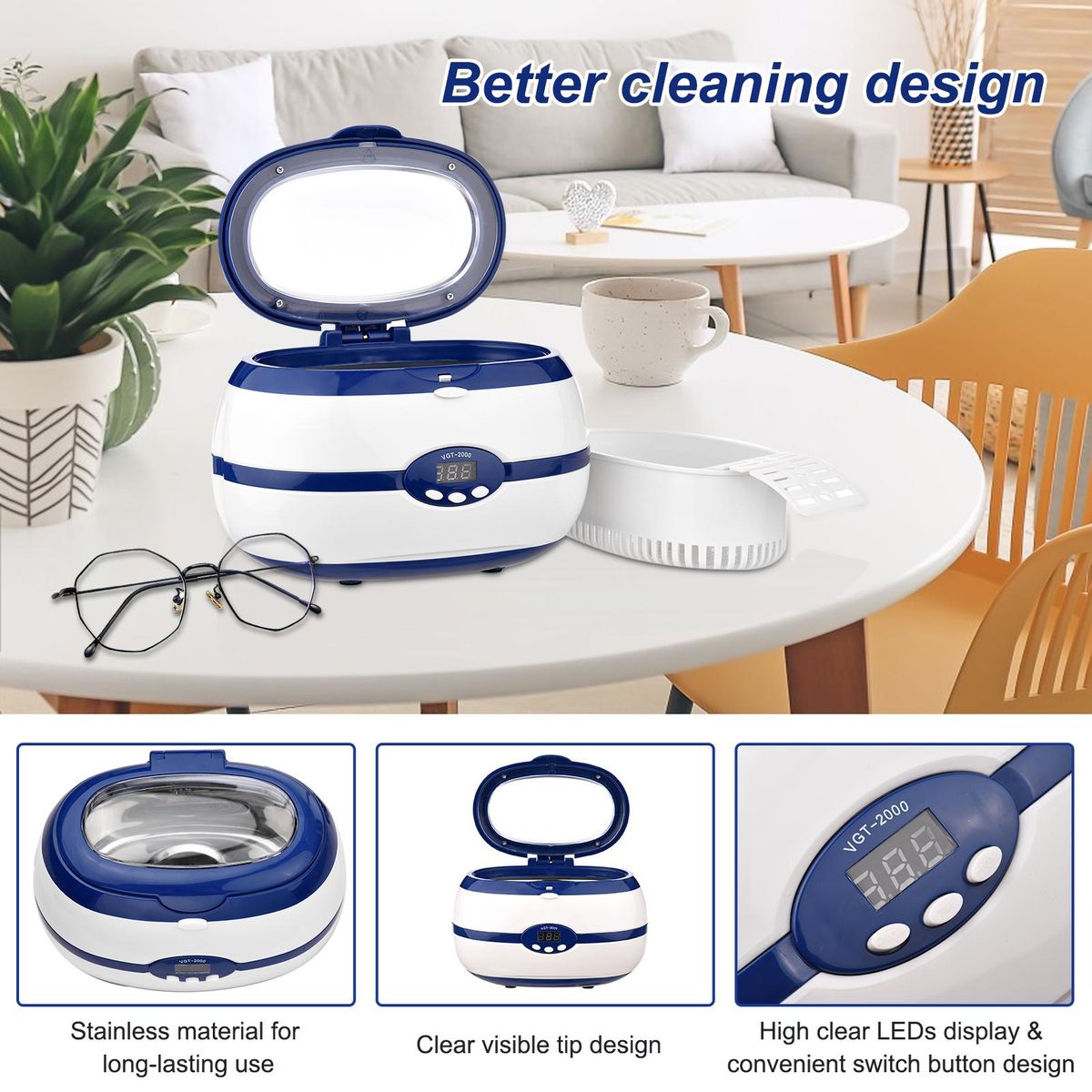 A C220-240V J-ewelry Cleaner Portable Cleaning Machine 40KHZ with Visible Window Design/ LEDs Screen Display/ 90S&180S&280S&380S&480S Timer/ 300S Auto-shutdown Design/ Cleaning Basket Provided Portable for Rings/ Necklaces/ C
