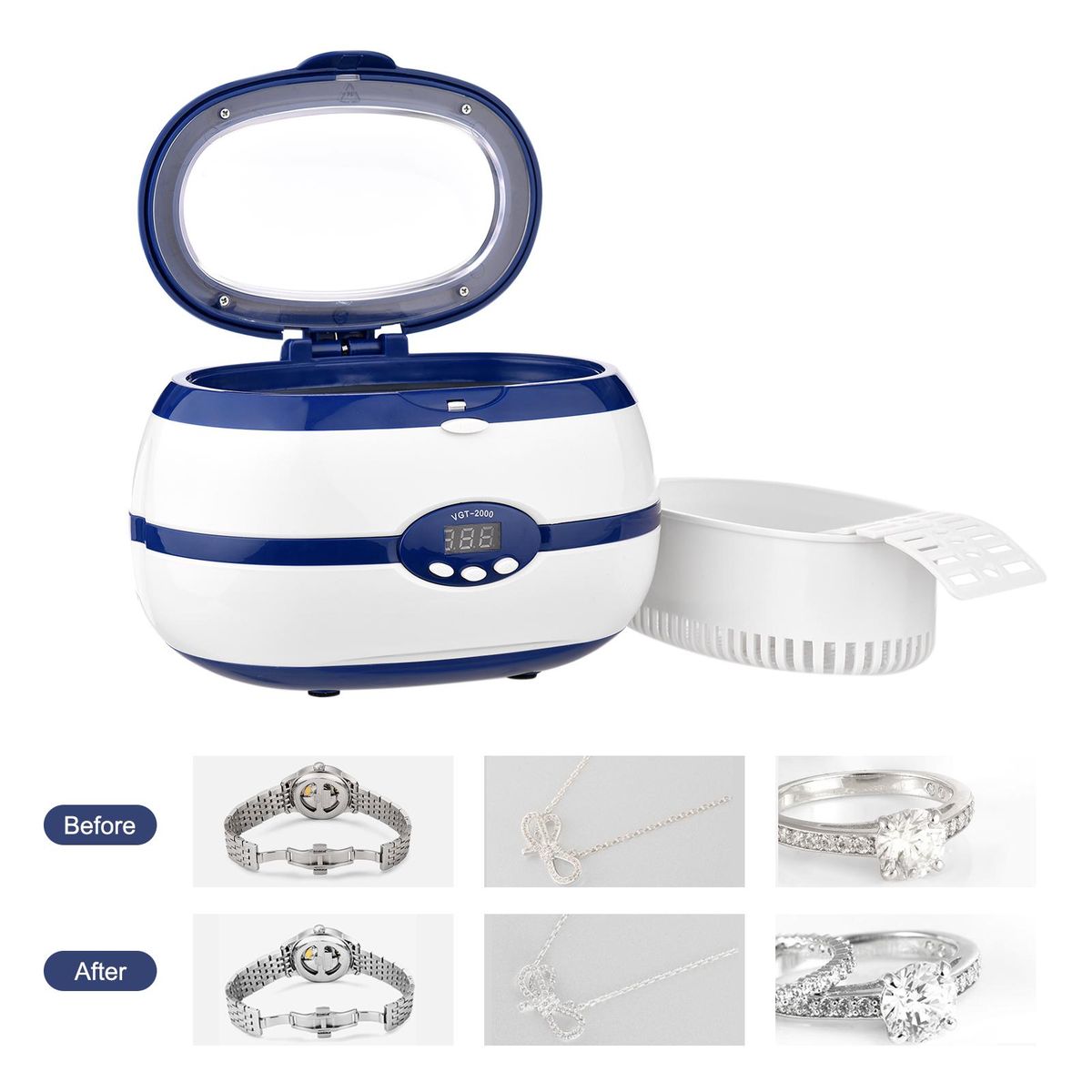A C220-240V J-ewelry Cleaner Portable Cleaning Machine 40KHZ with Visible Window Design/ LEDs Screen Display/ 90S&180S&280S&380S&480S Timer/ 300S Auto-shutdown Design/ Cleaning Basket Provided Portable for Rings/ Necklaces/ C
