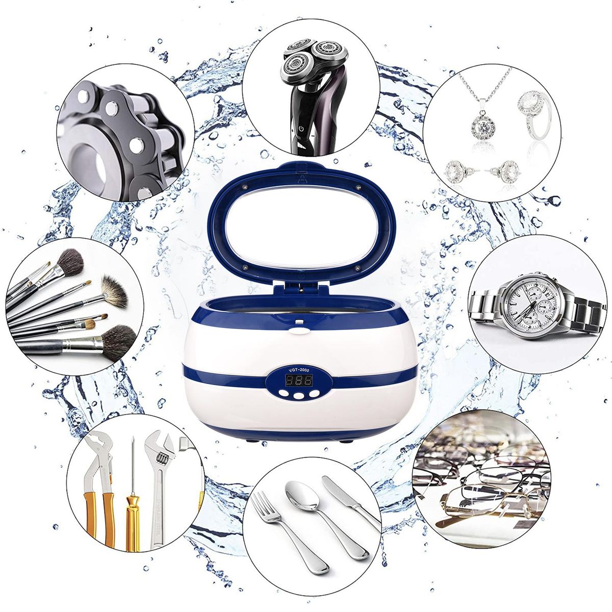 A C220-240V J-ewelry Cleaner Portable Cleaning Machine 40KHZ with Visible Window Design/ LEDs Screen Display/ 90S&180S&280S&380S&480S Timer/ 300S Auto-shutdown Design/ Cleaning Basket Provided Portable for Rings/ Necklaces/ C