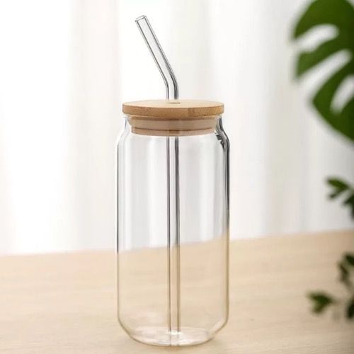Tall Glass With Bamboo Lid And Straw 500ml
