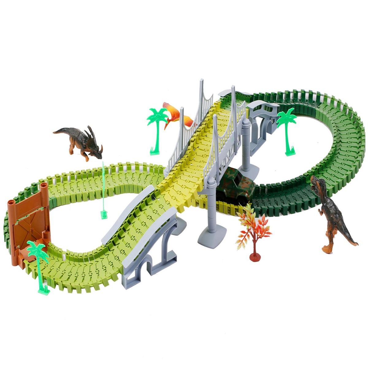 Dinosaur World Race Car Track Flexible Assembly 144 Piece Road Track Dino Toys Bridge Best Gift for Kids Boys Girls DIY Cooperate Ability Adventure Creator Playset