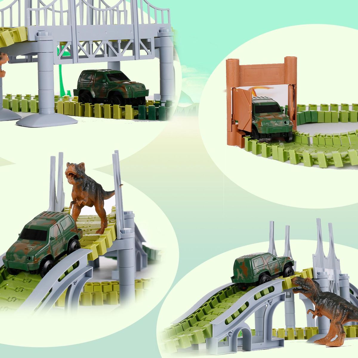 Dinosaur World Race Car Track Flexible Assembly 144 Piece Road Track Dino Toys Bridge Best Gift for Kids Boys Girls DIY Cooperate Ability Adventure Creator Playset