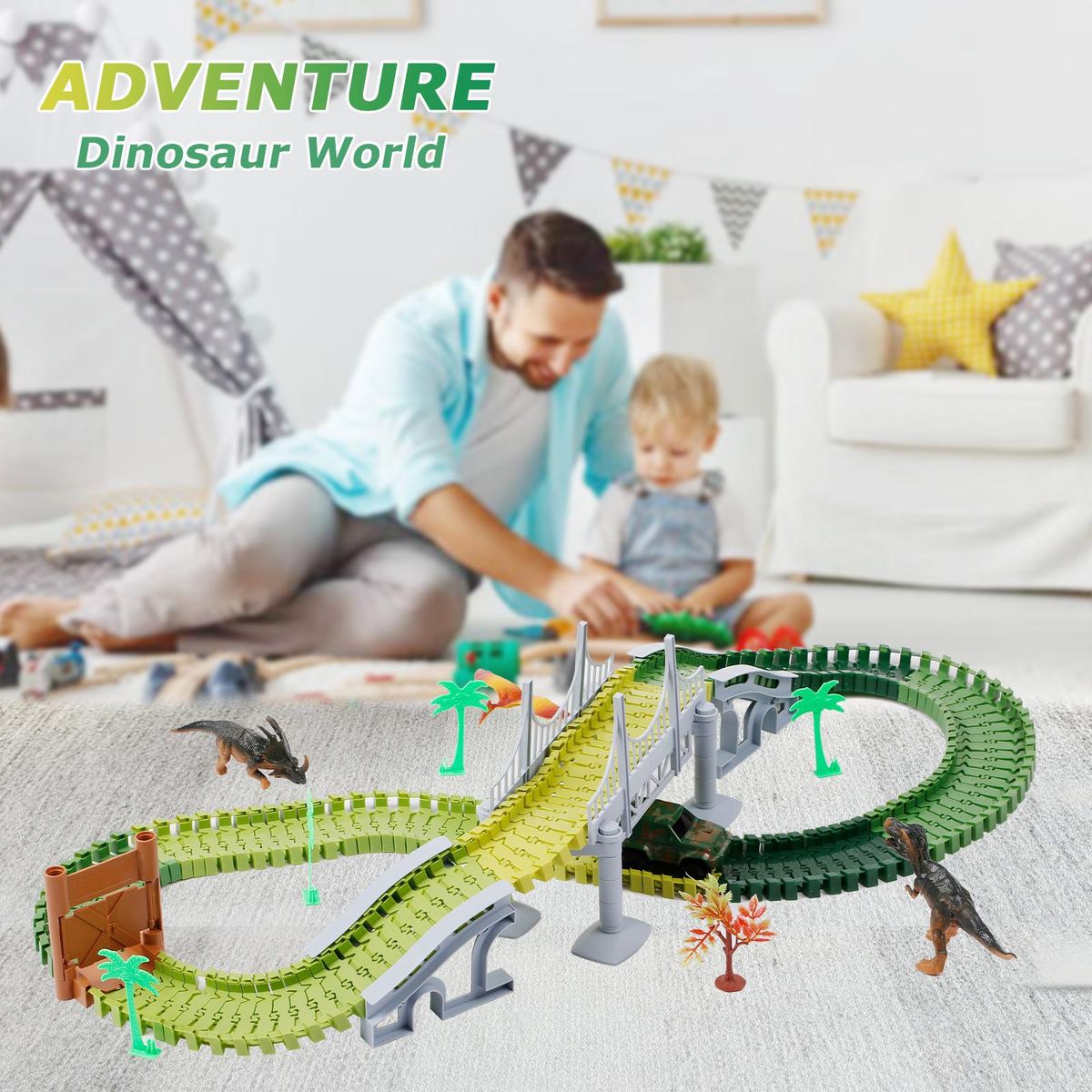 Dinosaur World Race Car Track Flexible Assembly 144 Piece Road Track Dino Toys Bridge Best Gift for Kids Boys Girls DIY Cooperate Ability Adventure Creator Playset