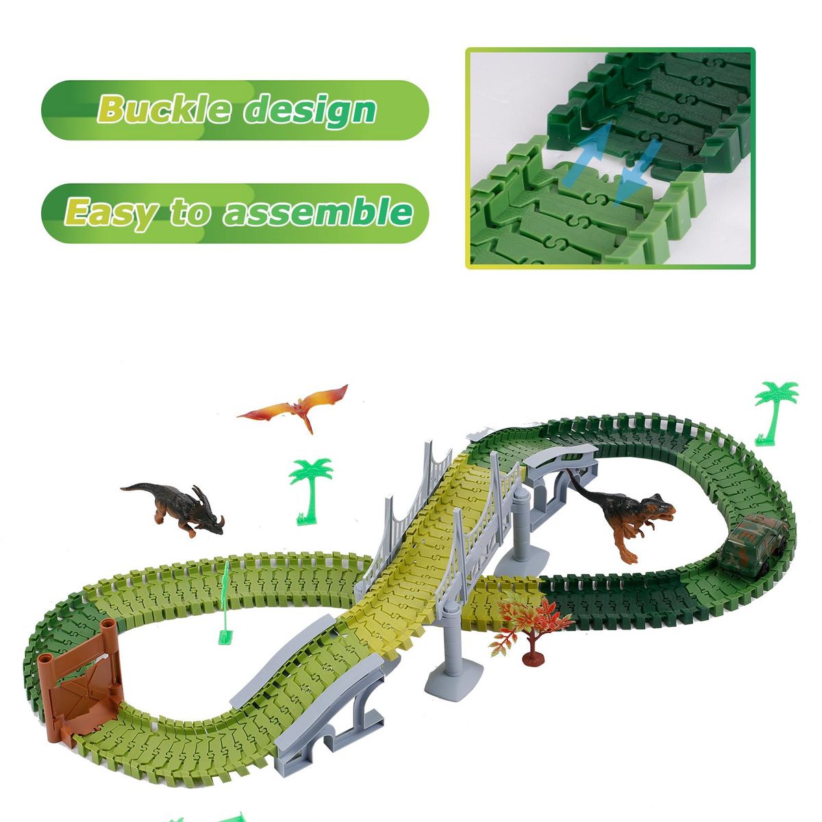 Dinosaur World Race Car Track Flexible Assembly 144 Piece Road Track Dino Toys Bridge Best Gift for Kids Boys Girls DIY Cooperate Ability Adventure Creator Playset
