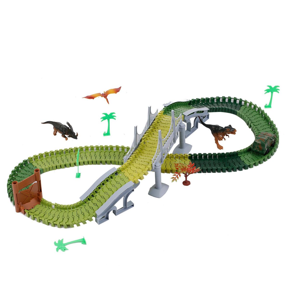 Dinosaur World Race Car Track Flexible Assembly 144 Piece Road Track Dino Toys Bridge Best Gift for Kids Boys Girls DIY Cooperate Ability Adventure Creator Playset