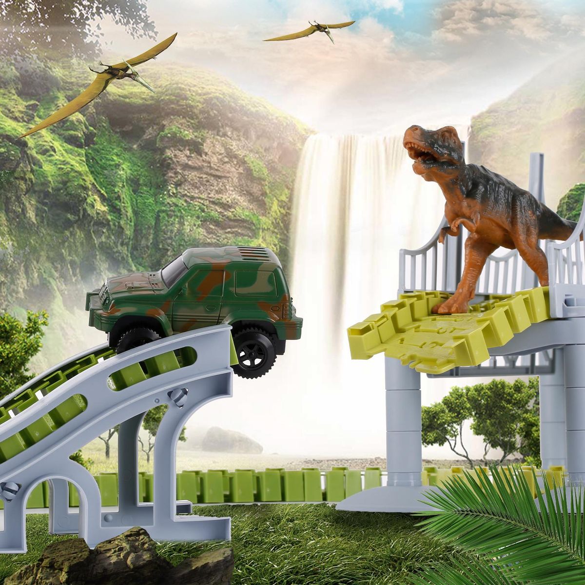 Dinosaur World Race Car Track Flexible Assembly 144 Piece Road Track Dino Toys Bridge Best Gift for Kids Boys Girls DIY Cooperate Ability Adventure Creator Playset