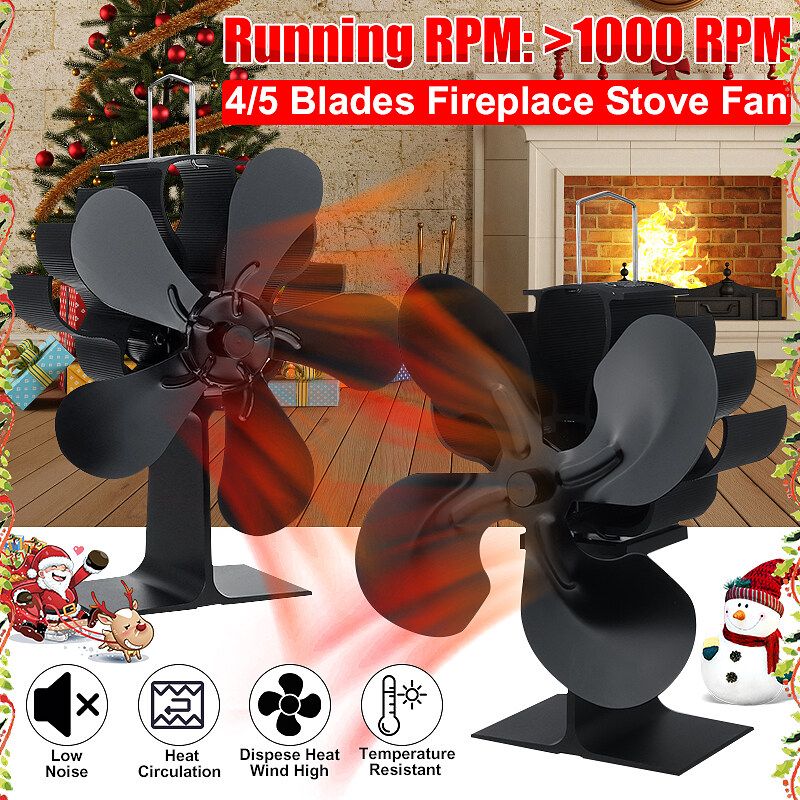 Stove Quiet Fireplace Fan 4/5 Heat Powered Eco-Friendly Rust-proof Small Desktop For Wood/Log Thermal Cycling Black 4 Blades