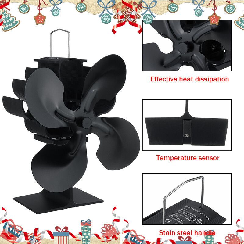 Stove Quiet Fireplace Fan 4/5 Heat Powered Eco-Friendly Rust-proof Small Desktop For Wood/Log Thermal Cycling Black 4 Blades