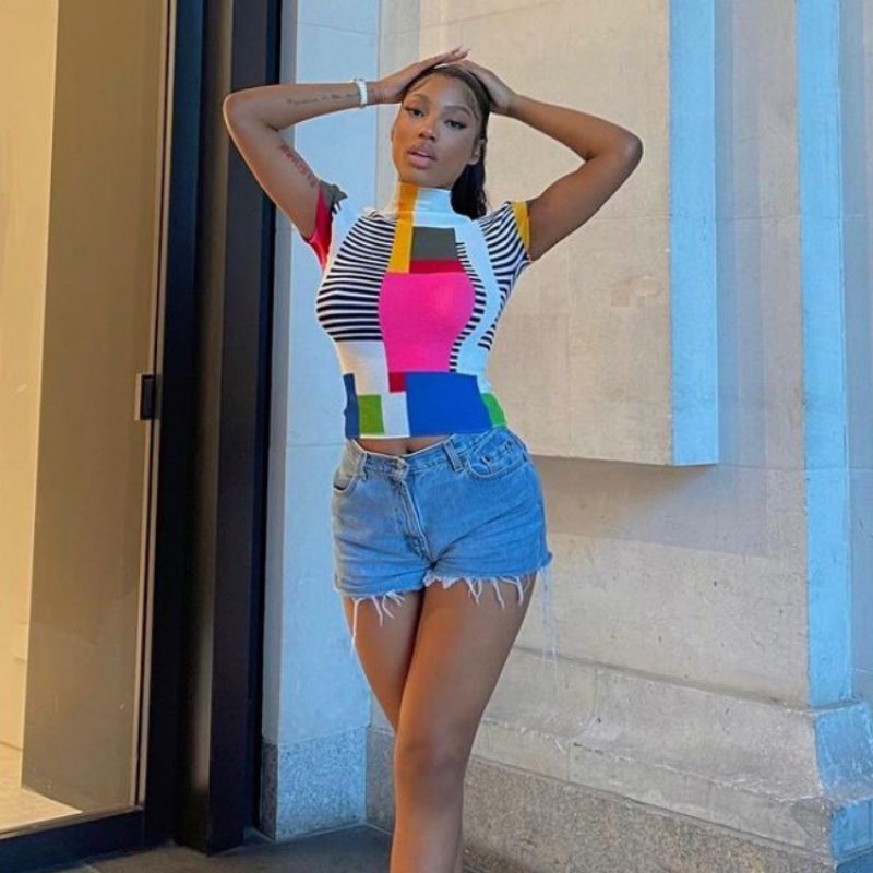 Colorblock Patchwork Print Women High Neck Short Sleeve T Shirt