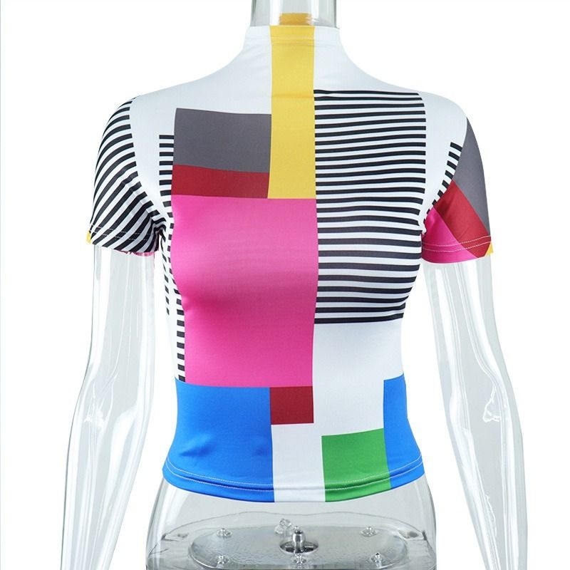 Colorblock Patchwork Print Women High Neck Short Sleeve T Shirt