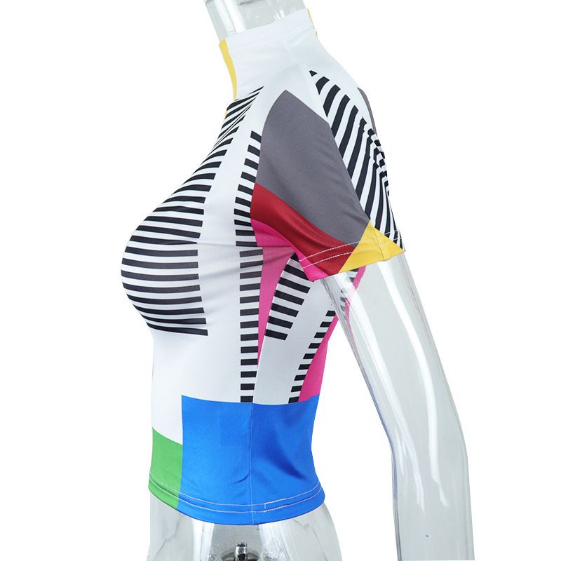 Colorblock Patchwork Print Women High Neck Short Sleeve T Shirt