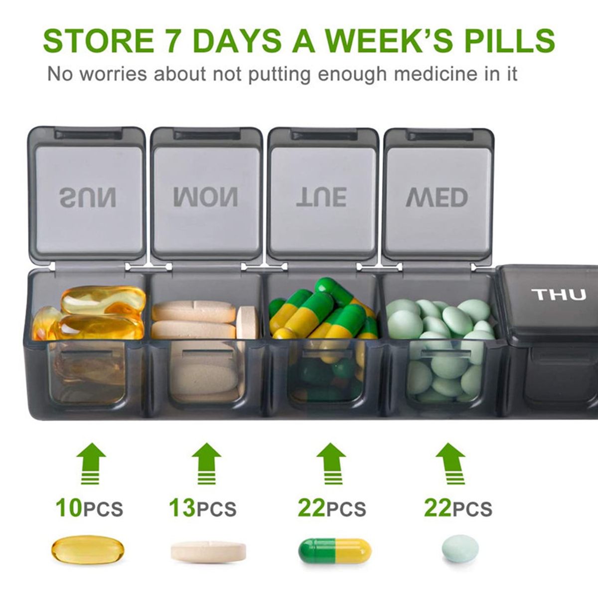 Pill Holder   7 Day Large Pill Box Black