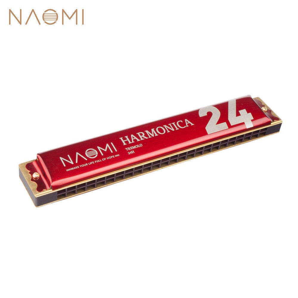 NAOMI 24 Holes Key Tremolo Harmonica Stainless Steel Mouth Organ Harmonicas Musical Woodwind Instruments With Case Black