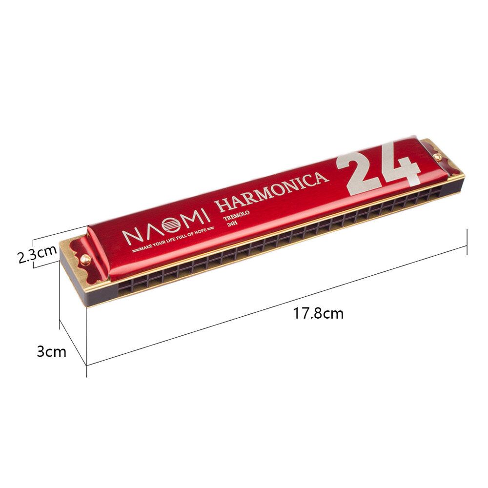 NAOMI 24 Holes Key Tremolo Harmonica Stainless Steel Mouth Organ Harmonicas Musical Woodwind Instruments With Case Black