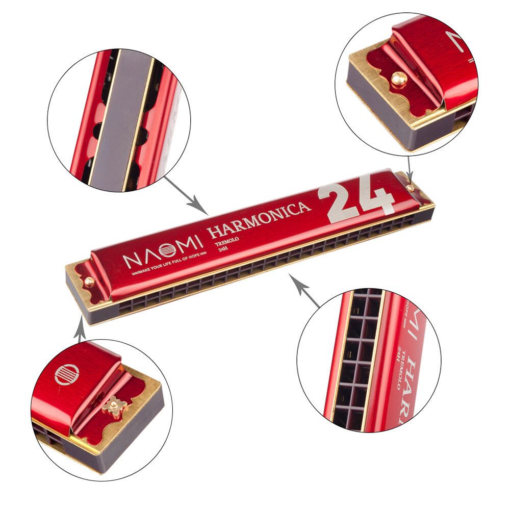 NAOMI 24 Holes Key Tremolo Harmonica Stainless Steel Mouth Organ Harmonicas Musical Woodwind Instruments With Case Black