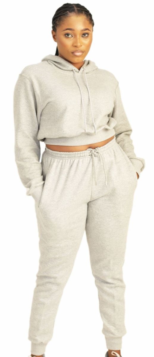 Women's Set Of Joggers And Crop Hoodie (Up & Down)- Light Grey