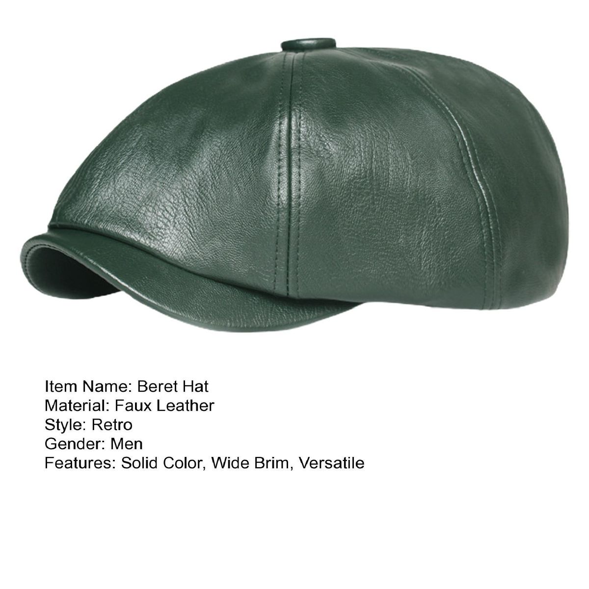 Beret Hat Plain Octagonal Newsboy Faux Leather Cap Green