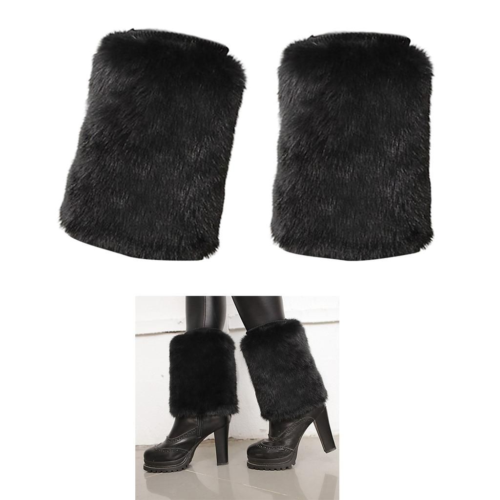 Trendy Ladies Solid Faux  Leg Warmer Winter Furry Boot Cuff Black