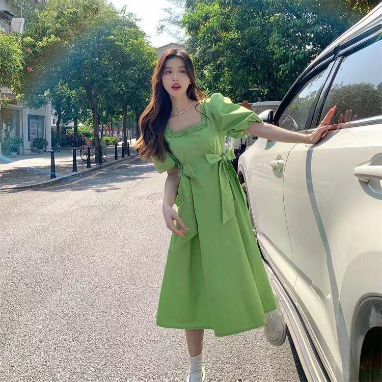 Korean Fashion Sweet Preppy Style Bow Lace-up Square Collar Puff Sleeve Dress Women's Summer Avocado Green Skirt
