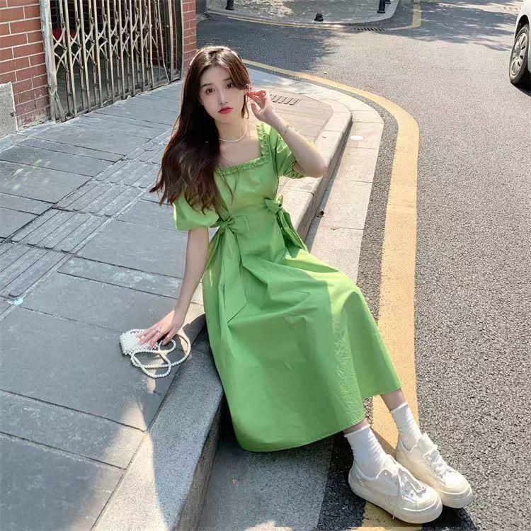 Korean Fashion Sweet Preppy Style Bow Lace-up Square Collar Puff Sleeve Dress Women's Summer Avocado Green Skirt