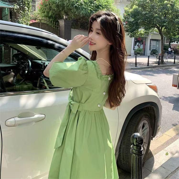 Korean Fashion Sweet Preppy Style Bow Lace-up Square Collar Puff Sleeve Dress Women's Summer Avocado Green Skirt