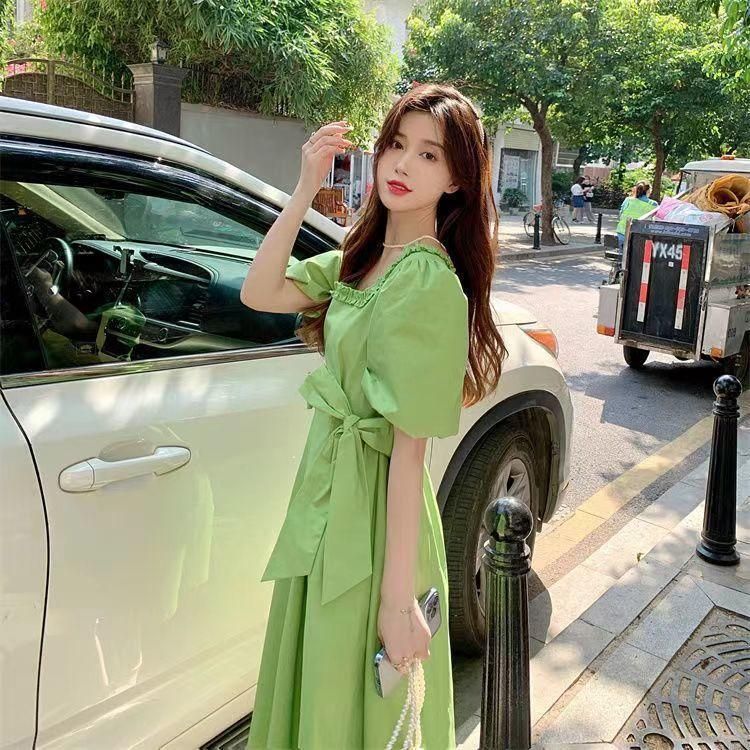 Korean Fashion Sweet Preppy Style Bow Lace-up Square Collar Puff Sleeve Dress Women's Summer Avocado Green Skirt
