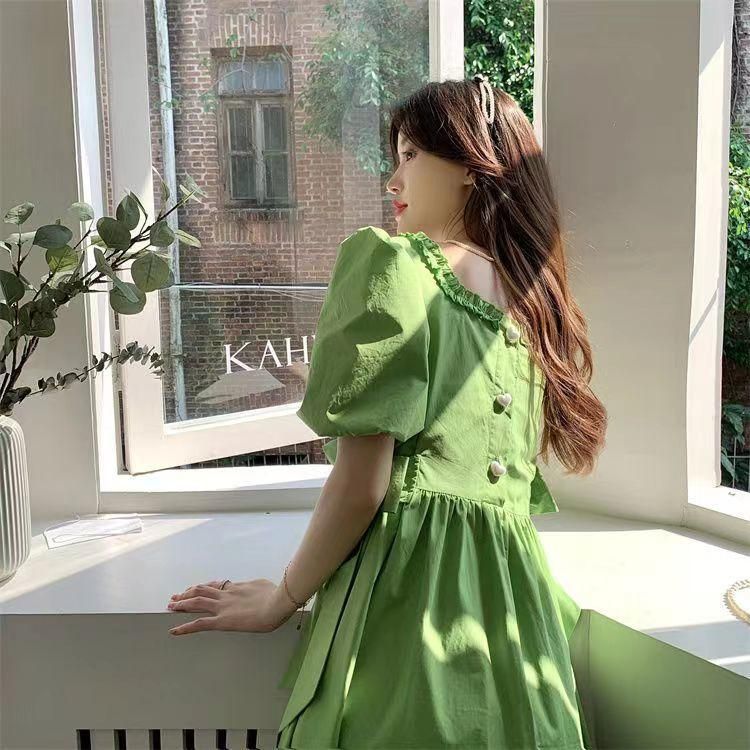 Korean Fashion Sweet Preppy Style Bow Lace-up Square Collar Puff Sleeve Dress Women's Summer Avocado Green Skirt