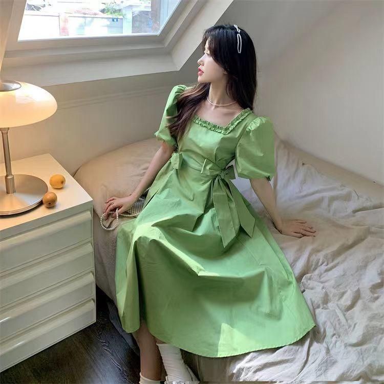 Korean Fashion Sweet Preppy Style Bow Lace-up Square Collar Puff Sleeve Dress Women's Summer Avocado Green Skirt