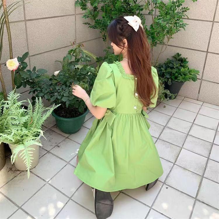 Korean Fashion Sweet Preppy Style Bow Lace-up Square Collar Puff Sleeve Dress Women's Summer Avocado Green Skirt