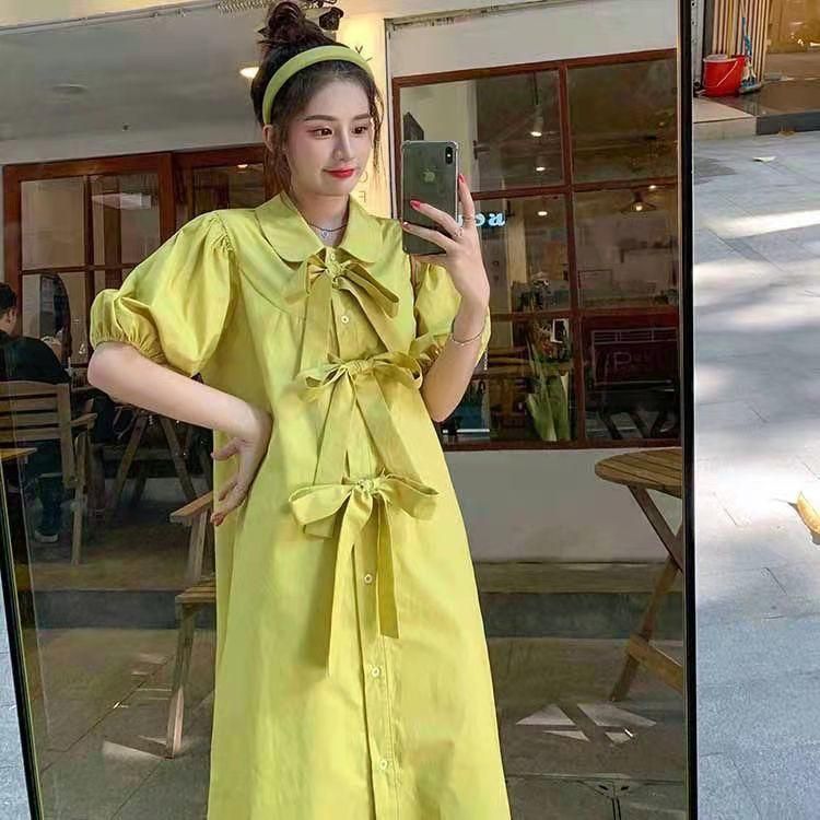 Korean Fashion Sweet Preppy Style Bow Lace-up Square Collar Puff Sleeve Dress Women's Summer Avocado Green Skirt