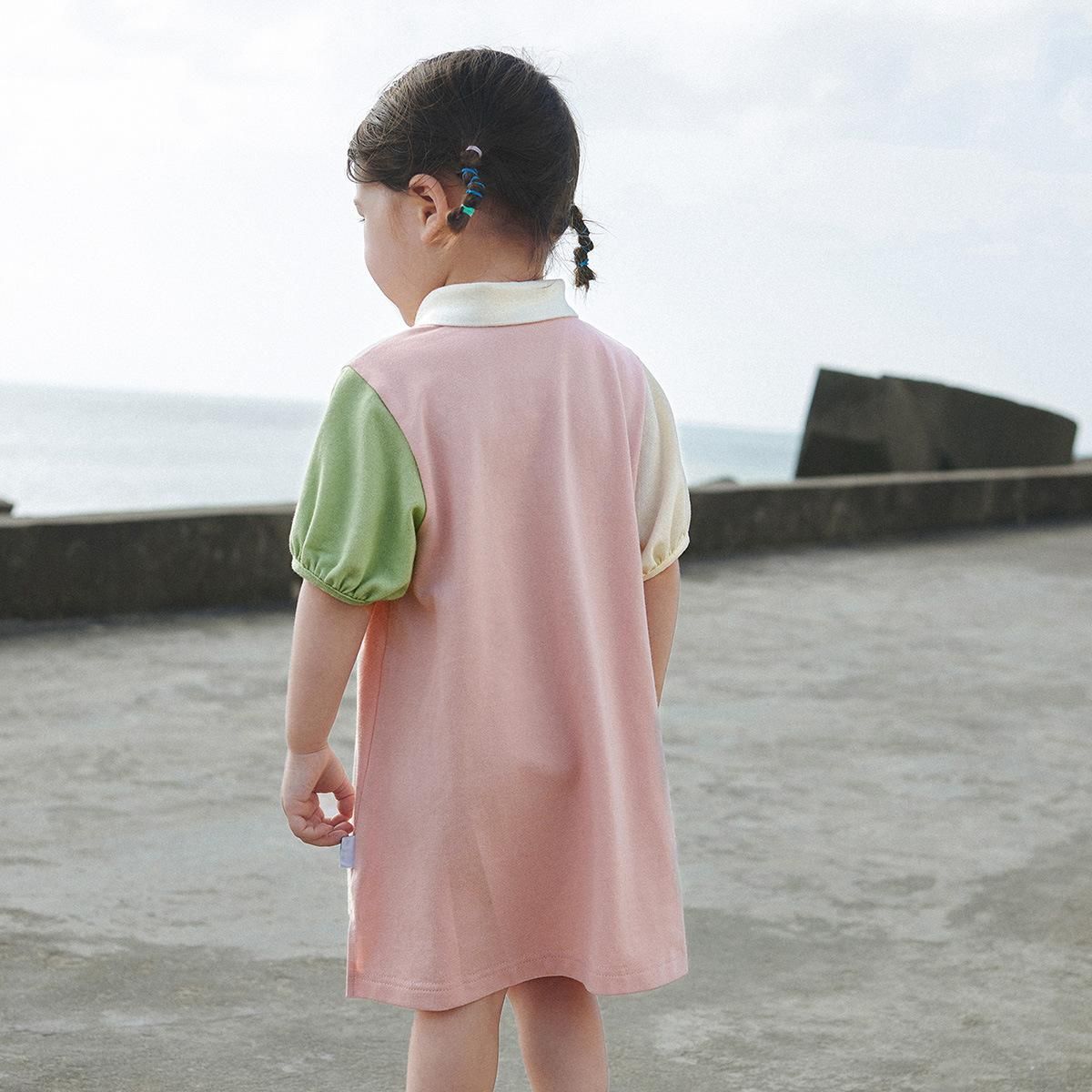 Baby Girl's Dress 2023 Summer New Contrast Color Princess Sleeves Stitching Sweet Leisure Polo Skirt