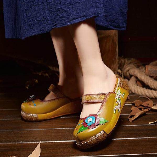 Summer New Leather Cowhide Thick Bottom Flat Sandals Candy Ladies Home Slippers Yellow 36