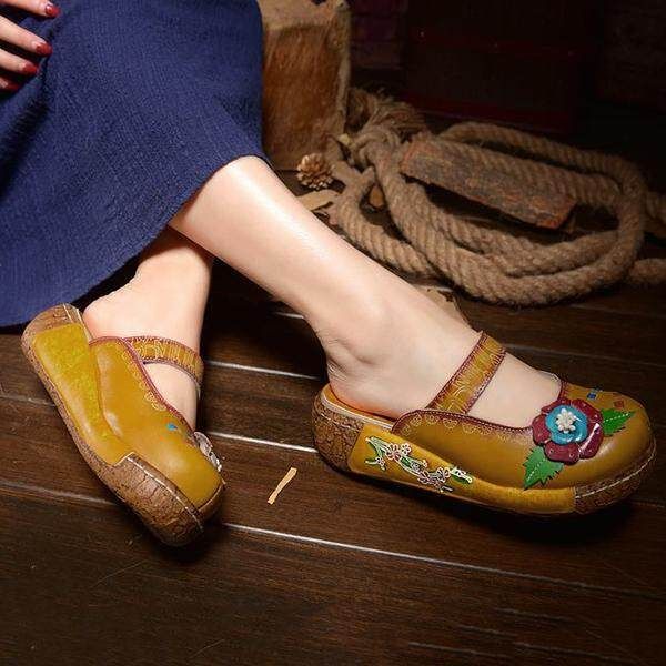 Summer New Leather Cowhide Thick Bottom Flat Sandals Candy Ladies Home Slippers Yellow 36