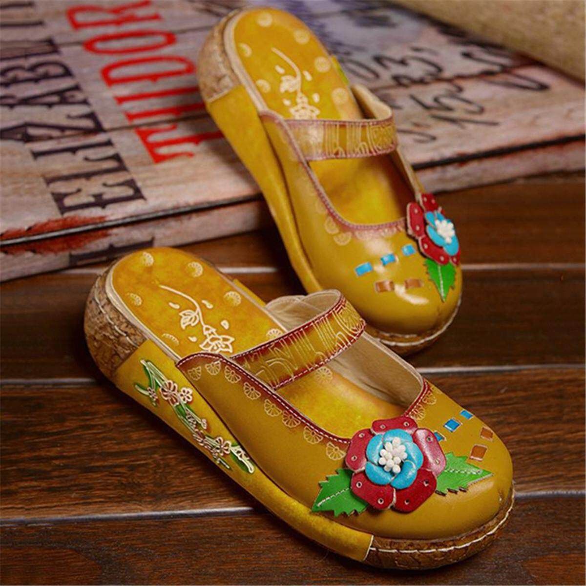 Summer New Leather Cowhide Thick Bottom Flat Sandals Candy Ladies Home Slippers Yellow 36