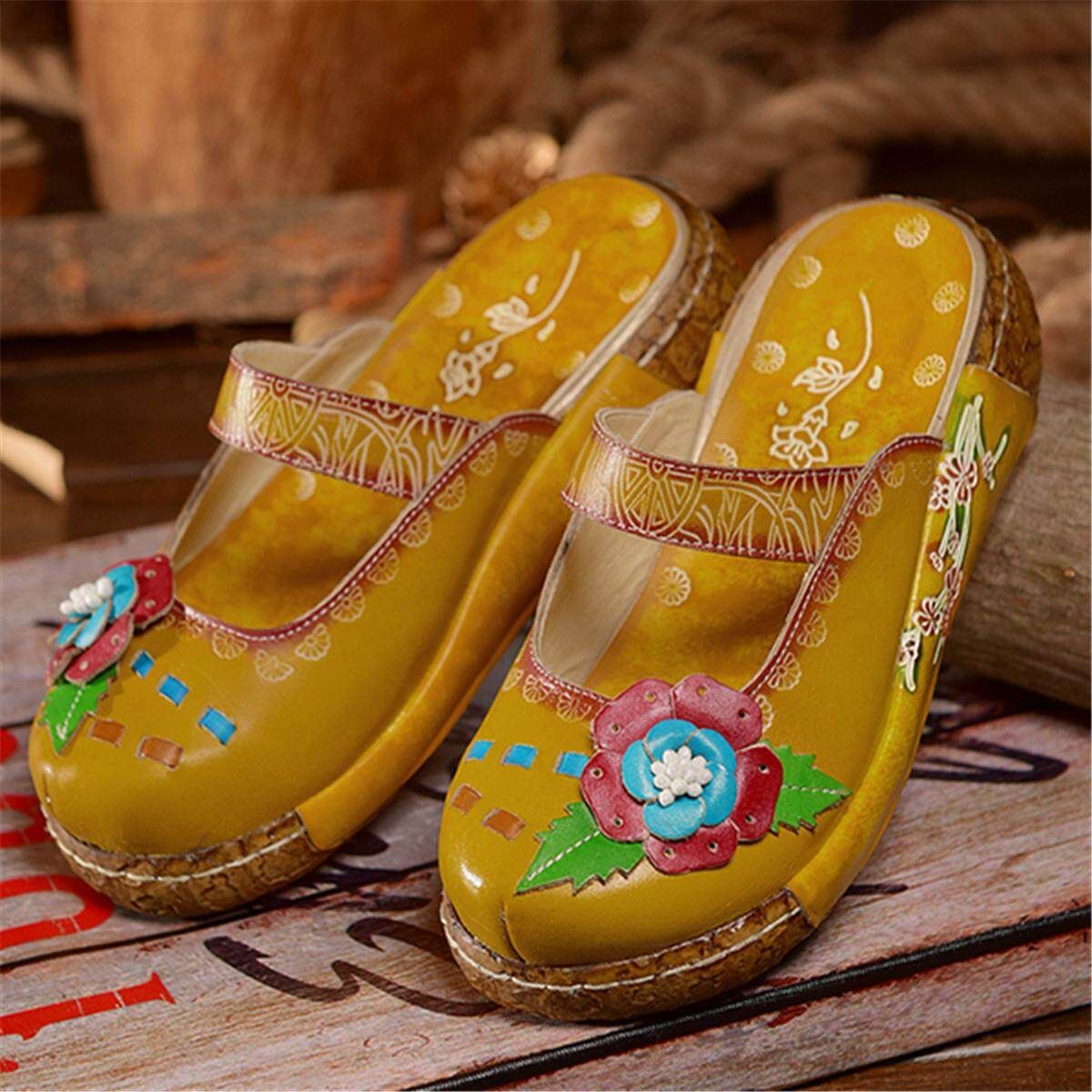 Summer New Leather Cowhide Thick Bottom Flat Sandals Candy Ladies Home Slippers Yellow 36