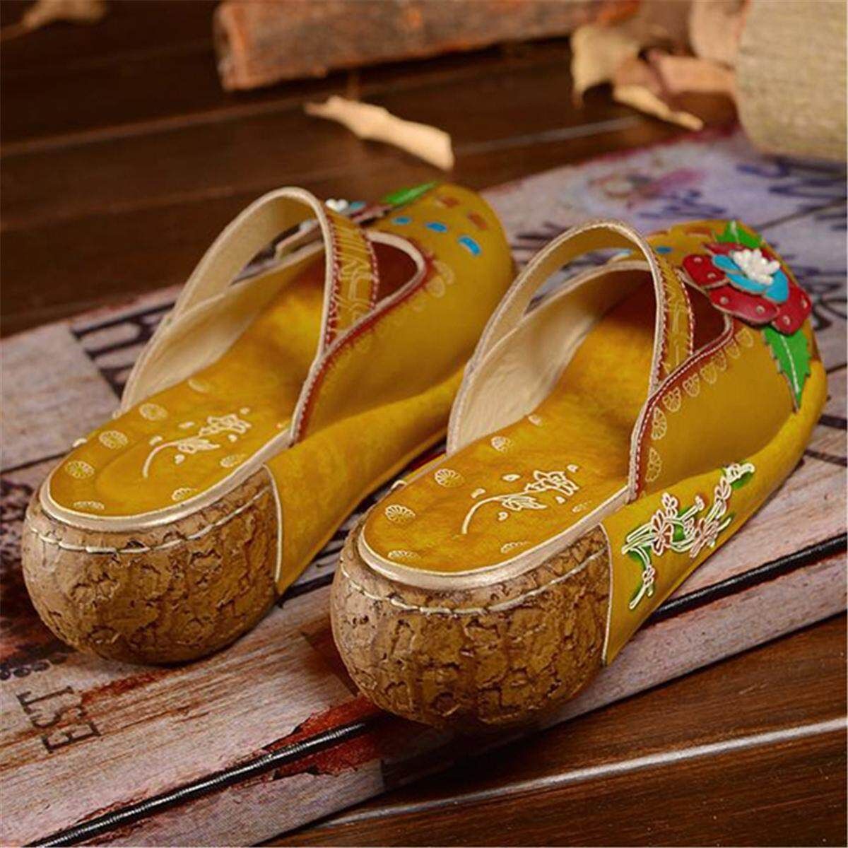 Summer New Leather Cowhide Thick Bottom Flat Sandals Candy Ladies Home Slippers Yellow 36