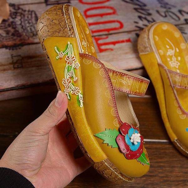 Summer New Leather Cowhide Thick Bottom Flat Sandals Candy Ladies Home Slippers Yellow 36